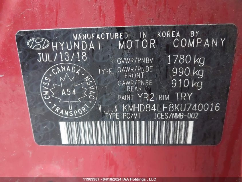 2019 Hyundai Elantra VIN: KMHD84LF8KU740016 Lot: 11989987