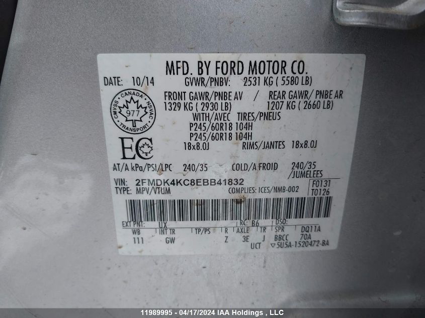 2014 Ford Edge Limited VIN: 2FMDK4KC8EBB41832 Lot: 39227321