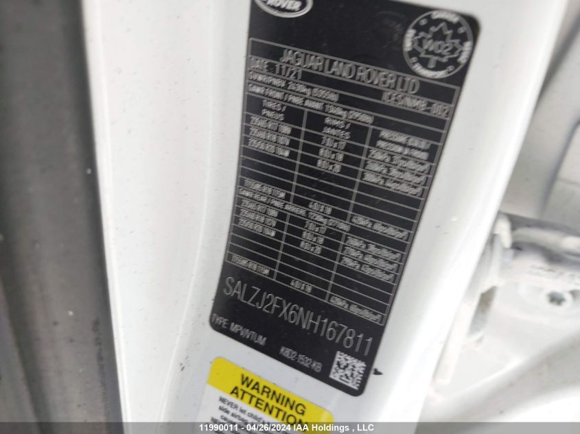 2022 Land Rover Range Rover Evoque VIN: SALZJ2FX6NH167811 Lot: 11990011