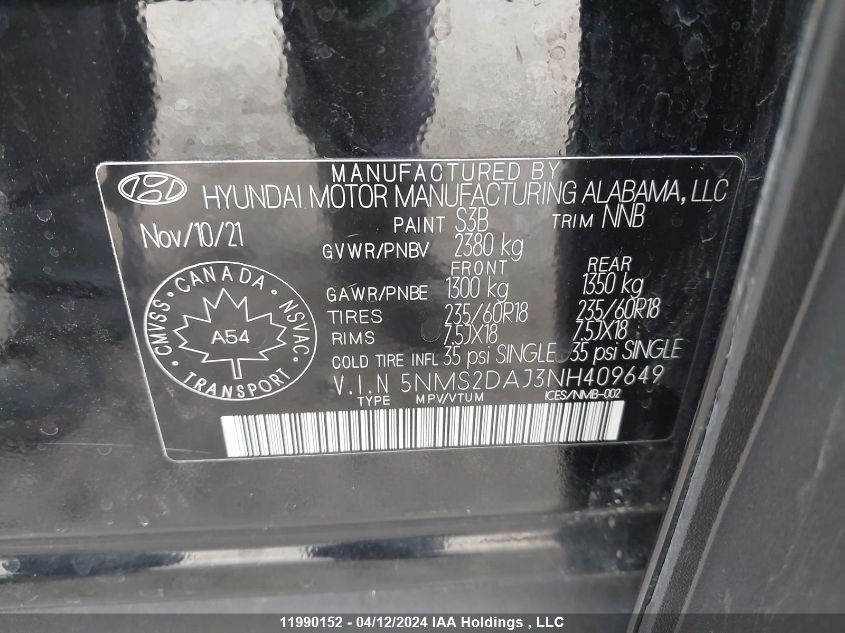 2022 Hyundai Santa Fe Sel VIN: 5NMS2DAJ3NH409649 Lot: 11990152