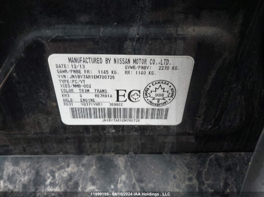 2014 Infiniti Q50 VIN: JN1BV7AR1EM700726 Lot: 11990189