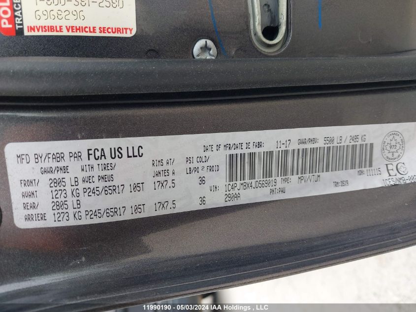 2018 Jeep Cherokee VIN: 1C4PJMBX4JD569019 Lot: 11990190