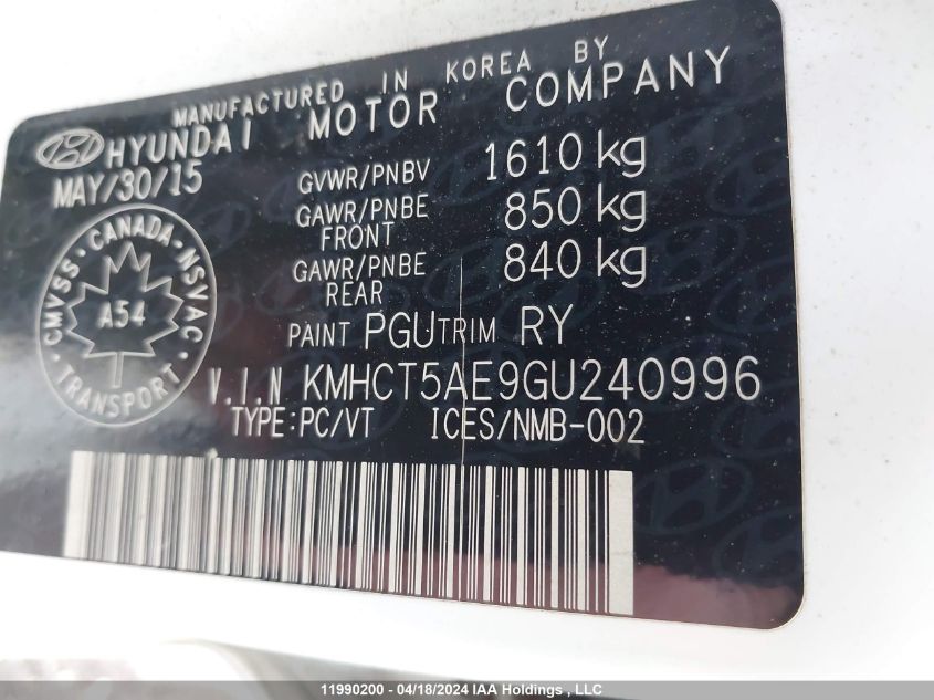 2016 Hyundai Accent Gl VIN: KMHCT5AE9GU240996 Lot: 39227095