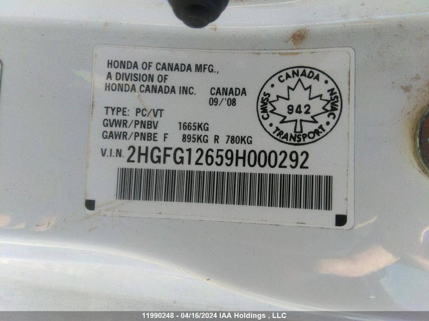 2009 Honda Civic Lx VIN: 2HGFG12659H000292 Lot: 11990248