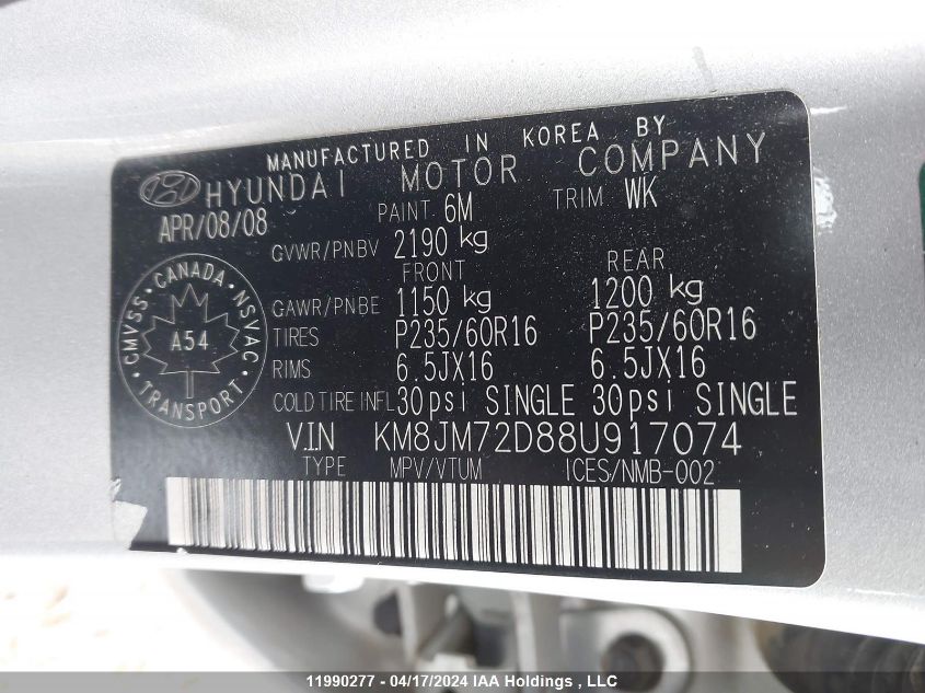 2008 Hyundai Tucson VIN: KM8JM72D88U917074 Lot: 11990277