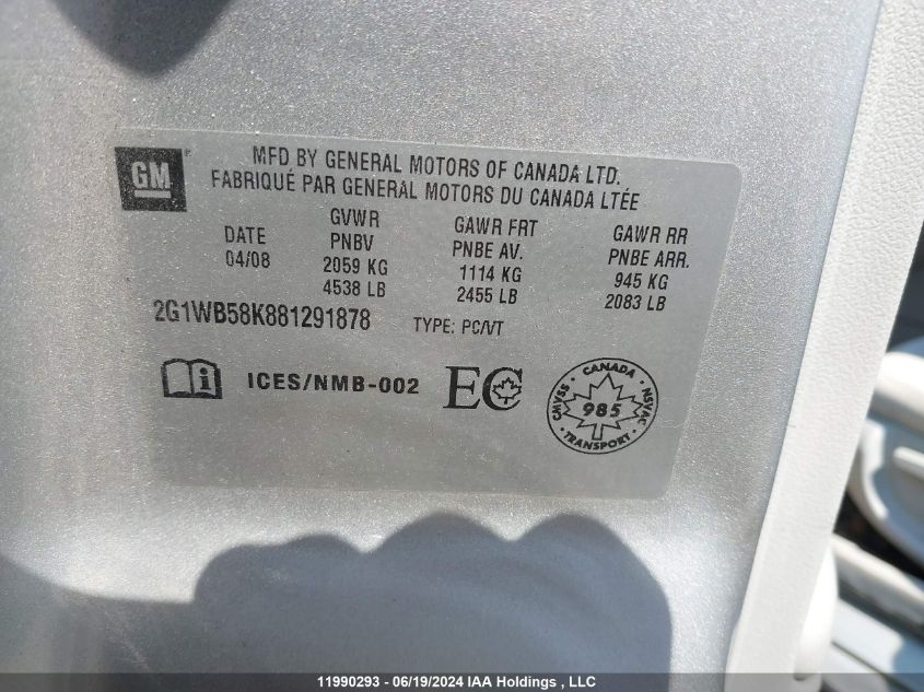 2008 Chevrolet Impala VIN: 2G1WB58K881291878 Lot: 11990293