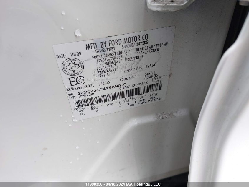 2010 Ford Edge VIN: 2FMDK3GC4ABA58797 Lot: 11990356