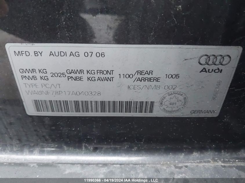 2007 Audi A3 2.0T VIN: WAUNF78P17A040328 Lot: 11990366