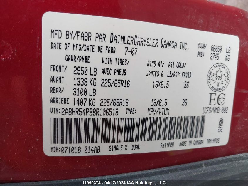 2008 Chrysler Town & Country Touring VIN: 2A8HR54P98R106518 Lot: 11990374