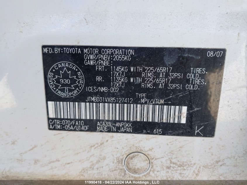 2008 Toyota Rav4 Limited VIN: JTMBD31VX85127412 Lot: 11990418