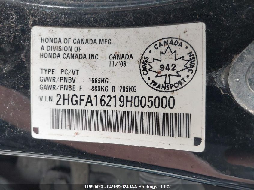 2009 Honda Civic Sdn VIN: 2HGFA16219H005000 Lot: 11990423