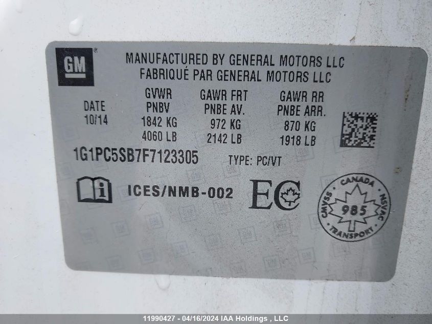 2015 Chevrolet Cruze Lt VIN: 1G1PC5SB7F7123305 Lot: 11990427