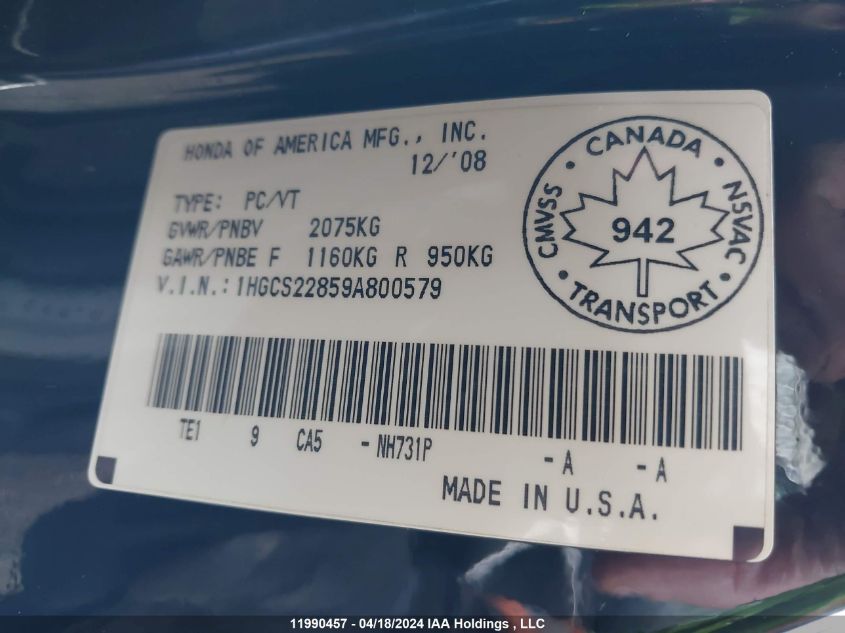 2009 Honda Accord Cpe VIN: 1HGCS22859A800579 Lot: 11990457