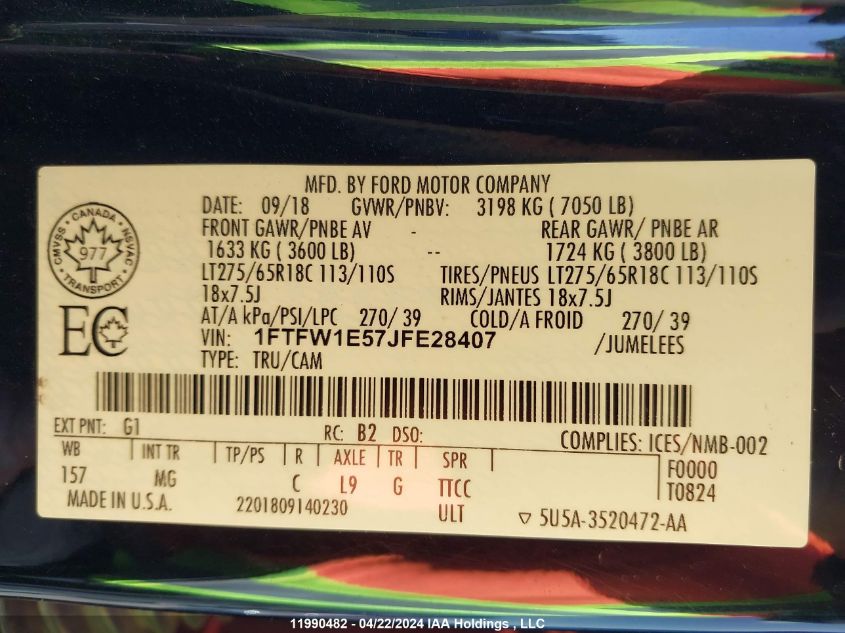 2018 Ford F-150 VIN: 1FTFW1E57JFE28407 Lot: 11990482
