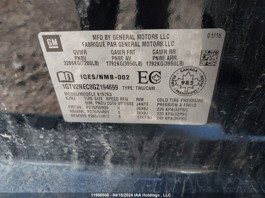2016 GMC Sierra 1500 VIN: 1GTV2NEC8GZ194699 Lot: 11990508