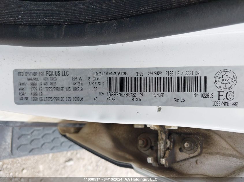 2020 Ram 1500 Rebel VIN: 1C6SRFEM6LN302422 Lot: 11990517