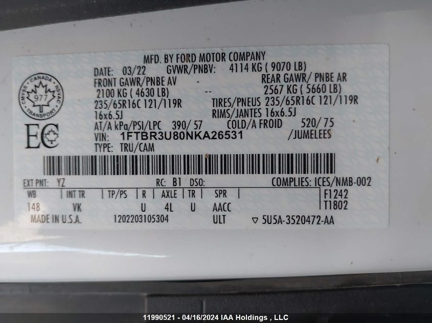 2022 Ford Transit T-250 VIN: 1FTBR3U80NKA26531 Lot: 11990521