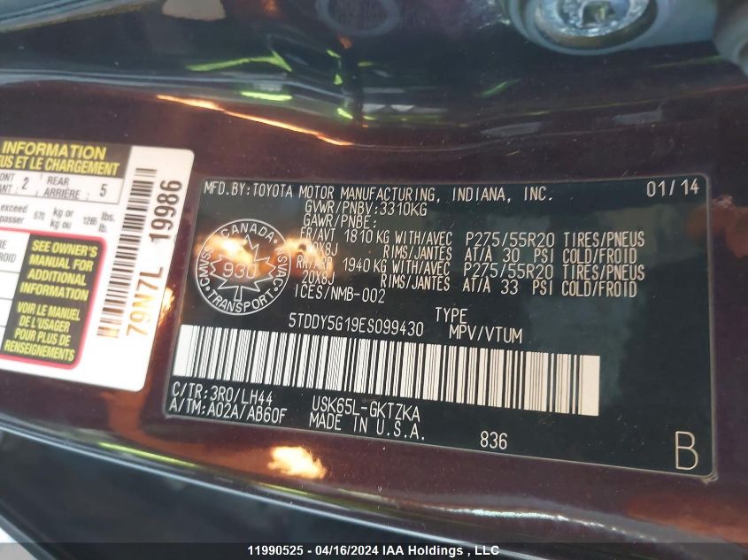 2014 Toyota Sequoia Limited 5.7L V8/Platinum 5.7L V8/Sr5 5.7L V8 VIN: 5TDDY5G19ES099430 Lot: 11990525