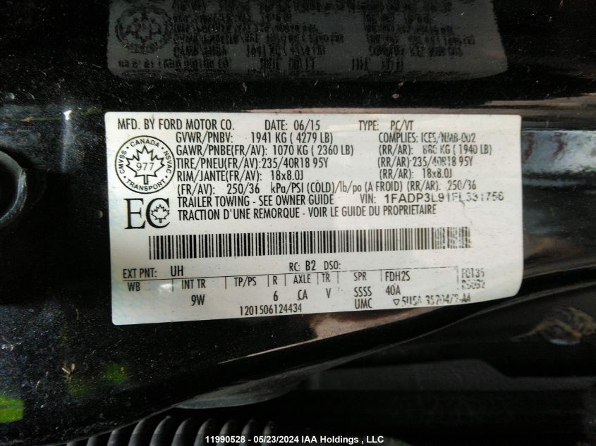 2015 Ford Focus St St VIN: 1FADP3L91FL331756 Lot: 11990528