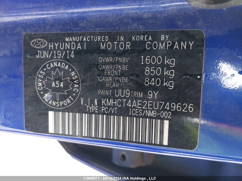 2014 Hyundai Accent Gls/Gs VIN: KMHCT4AE2EU749626 Lot: 11990571