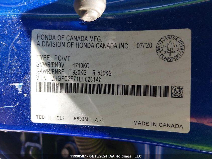 2020 Honda Civic Ex VIN: 2HGFC2F71LH026142 Lot: 11990587