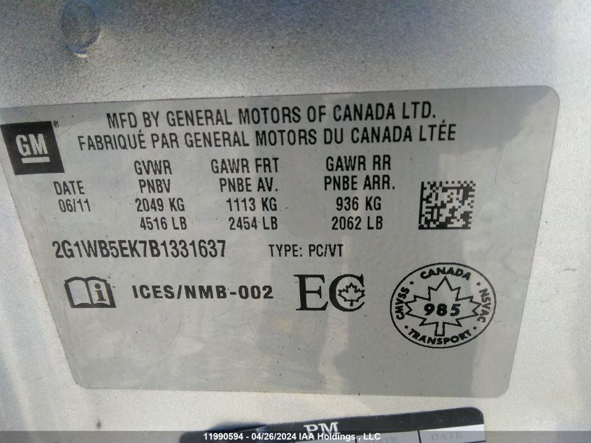 2011 Chevrolet Impala VIN: 2G1WB5EK7B1331637 Lot: 11990594