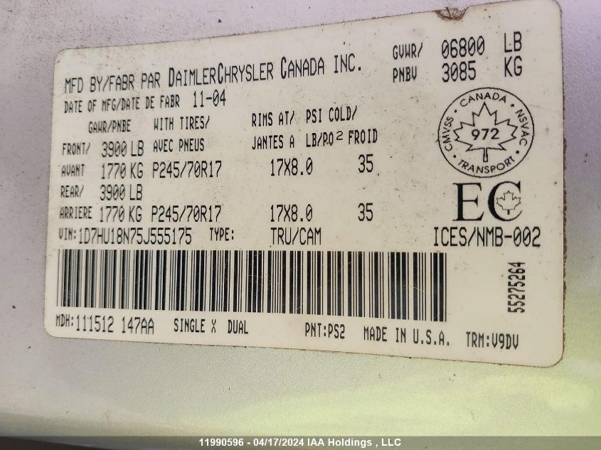 2005 Dodge Ram 1500 St/Slt VIN: 1D7HU18N75J555175 Lot: 11990596