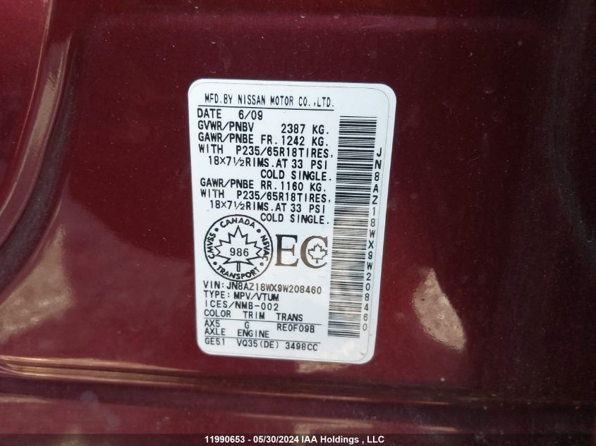 2009 Nissan Murano VIN: JN8AZ18WX9W208460 Lot: 11990653