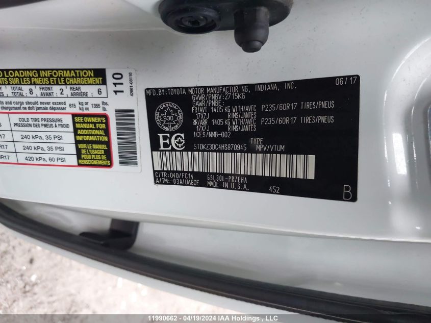 2017 Toyota Sienna Le VIN: 5TDKZ3DC4HS870945 Lot: 11990662