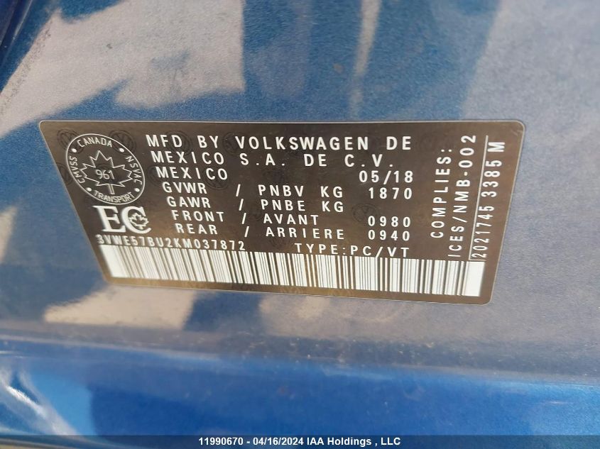 2019 Volkswagen Jetta VIN: 3VWE57BU2KM037872 Lot: 11990670