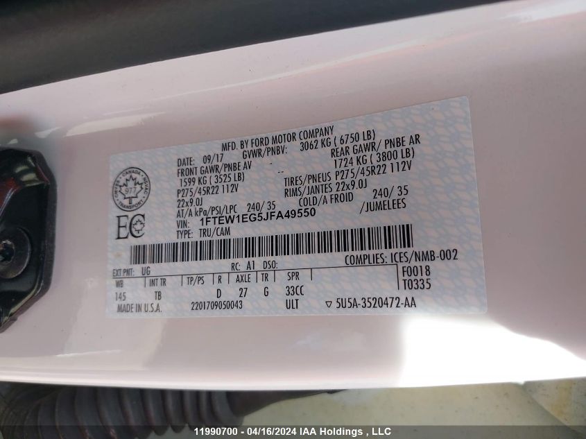 2018 Ford F-150 Limited VIN: 1FTEW1EG5JFA49550 Lot: 39259016