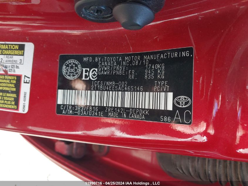 2010 Toyota Corolla S/Le/Xle VIN: 2T1BU4EE5AC465146 Lot: 11990716