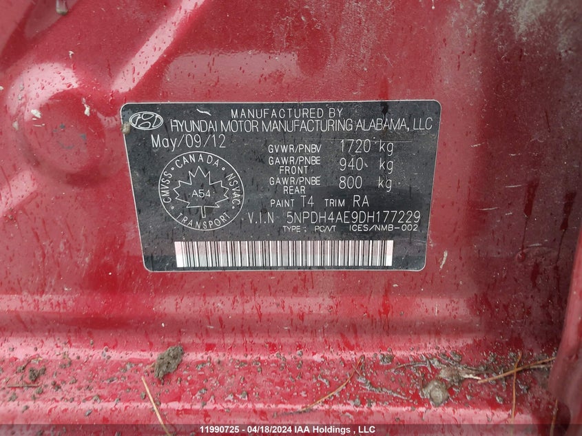 2013 Hyundai Elantra VIN: 5NPDH4AE9DH177229 Lot: 11990725