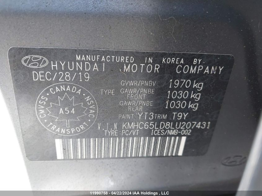 2020 Hyundai Ioniq VIN: KMHC65LD8LU207431 Lot: 11990758