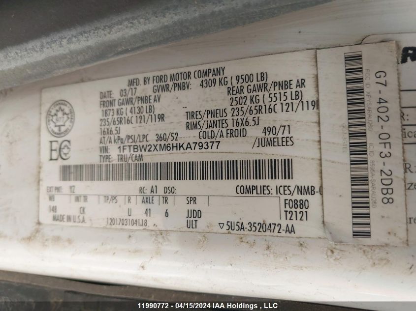 2017 Ford Transit T-350 VIN: 1FTBW2XM6HKA79377 Lot: 11990772