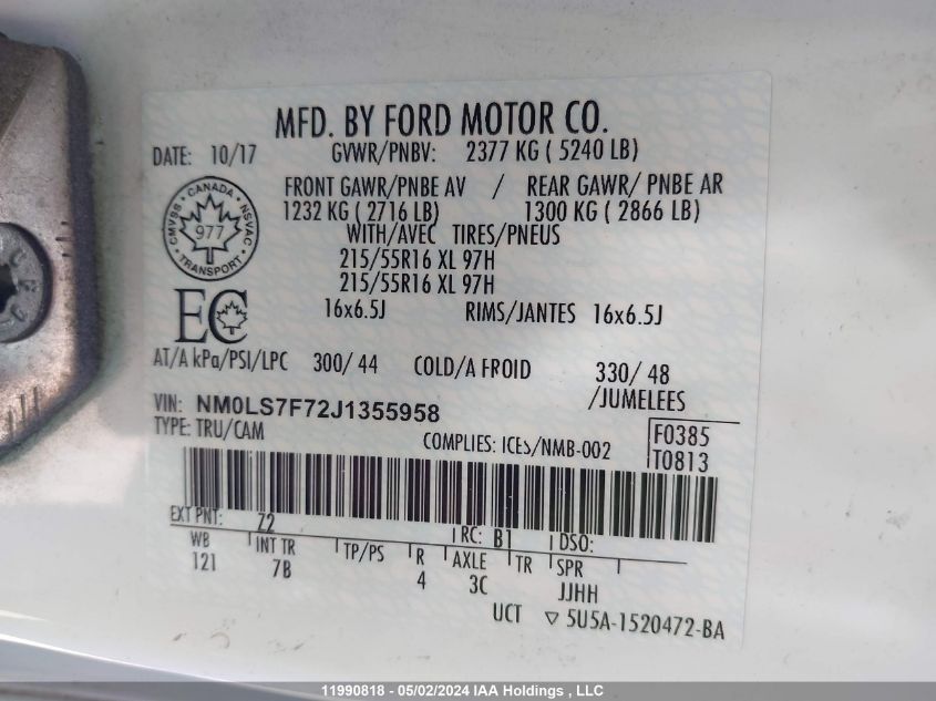 2018 Ford Transit Connect VIN: NM0LS7F72J1355958 Lot: 11990818