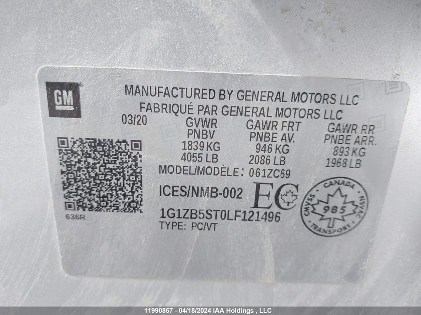 2020 Chevrolet Malibu Ls VIN: 1G1ZB5ST0LF121496 Lot: 11990857