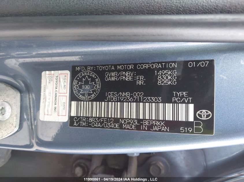 2007 Toyota Yaris VIN: JTDBT923671123303 Lot: 11990861