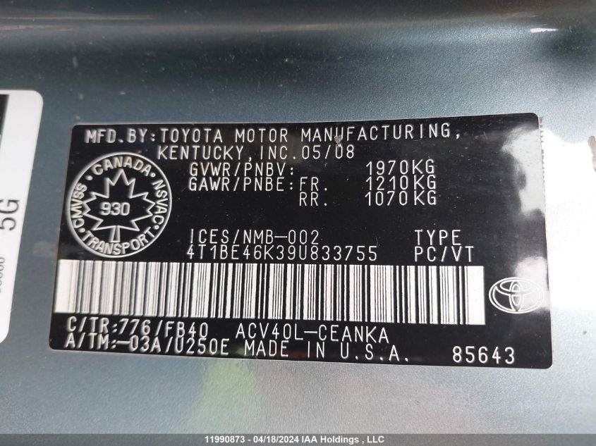 2009 Toyota Camry Le/Se VIN: 4T1BE46K39U833755 Lot: 39241384