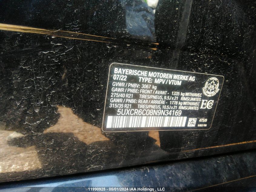 2022 BMW X5 VIN: 5UXCR6C08N9N34169 Lot: 11990925