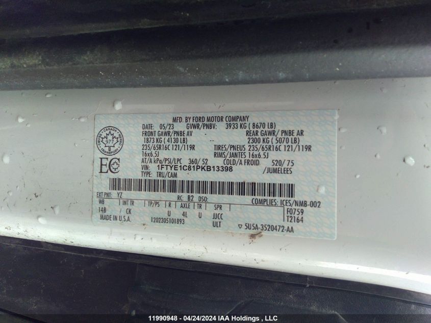 2023 Ford Transit T-150 VIN: 1FTYE1C81PKB13398 Lot: 11990948