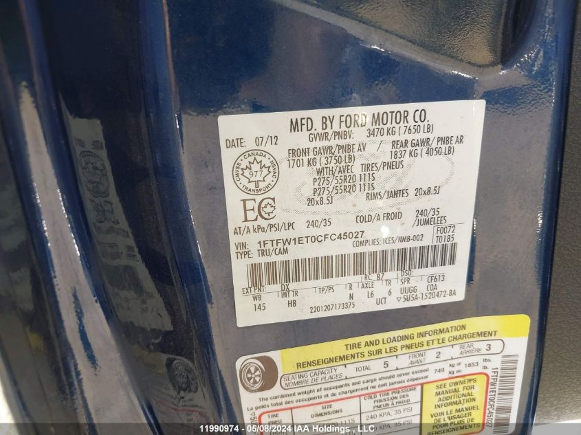 2012 Ford F-150 Lariat VIN: 1FTFW1ET0CFC45027 Lot: 11990974