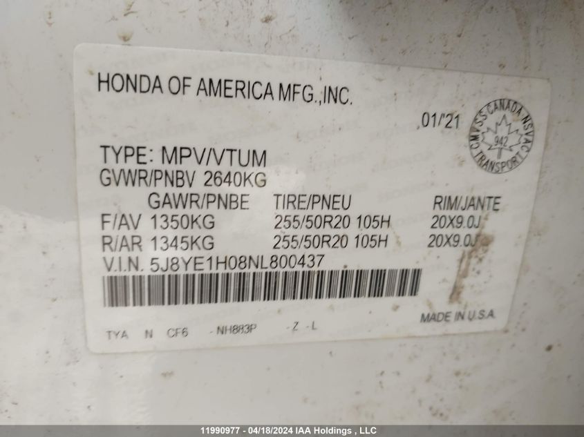 2022 Acura Mdx VIN: 5J8YE1H08NL800437 Lot: 11990977