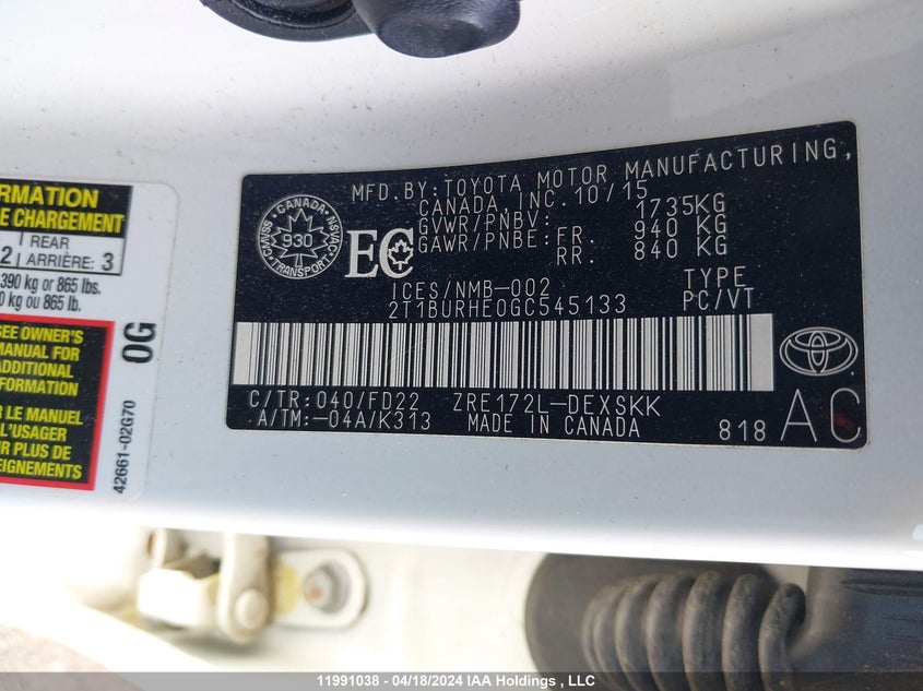 2016 Toyota Corolla L/Le/Le Pls/Prm/S/S Pls VIN: 2T1BURHE0GC545133 Lot: 11991038