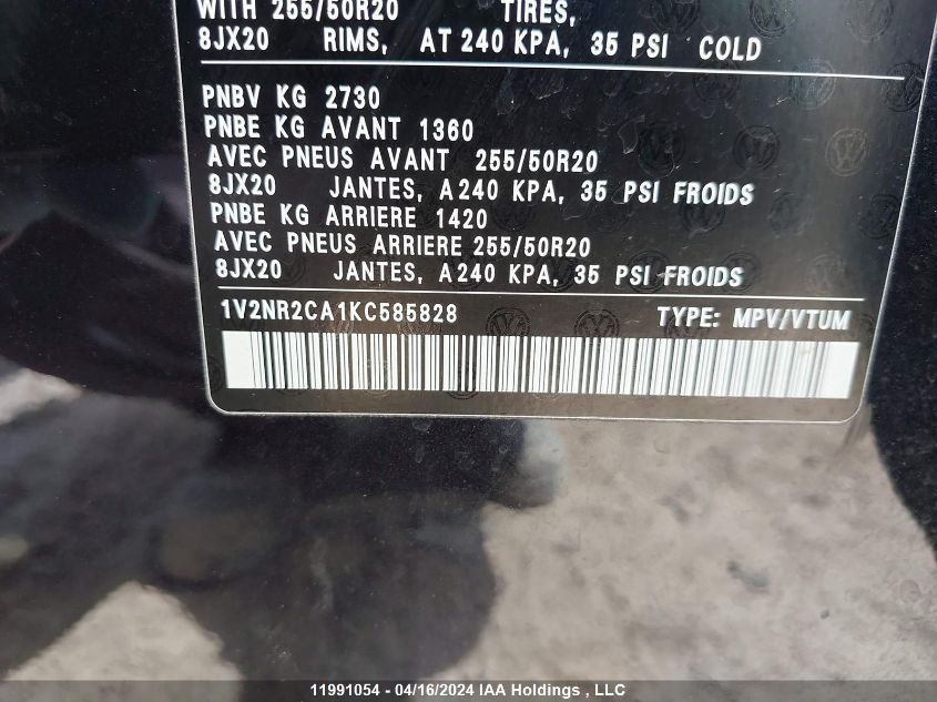 2019 Volkswagen Atlas VIN: 1V2NR2CA1KC585828 Lot: 11991054