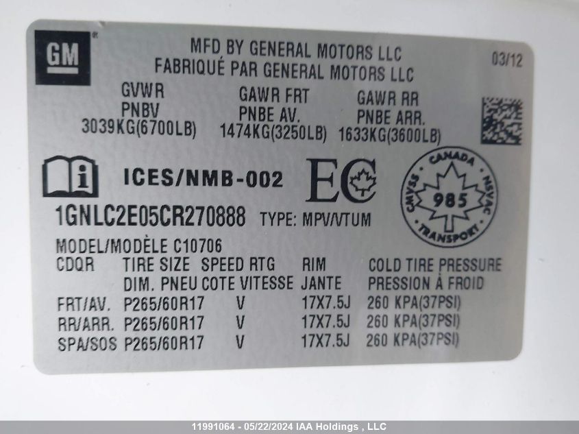 2012 Chevrolet Tahoe VIN: 1GNLC2E05CR270888 Lot: 11991064