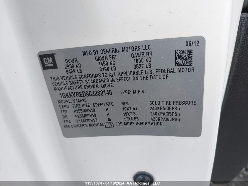 2012 GMC Acadia Slt-1 VIN: 1GKKVRED9CJ360140 Lot: 11991074