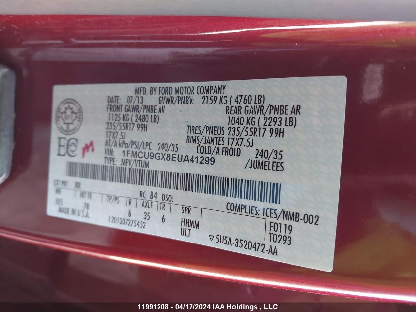 2014 Ford Escape Se VIN: 1FMCU9GX8EUA41299 Lot: 11991208