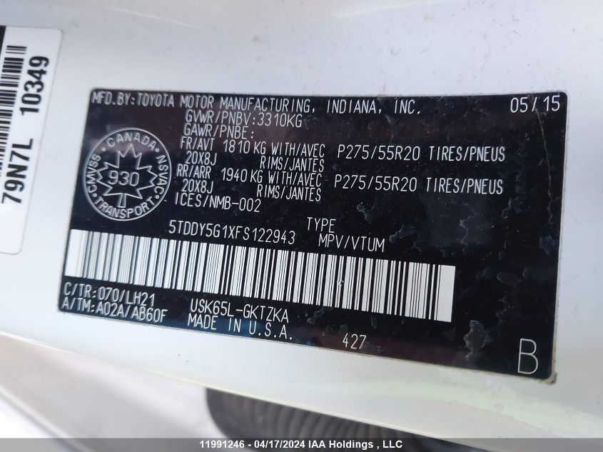 2015 Toyota Sequoia Platinum 5.7L V8 VIN: 5TDDY5G1XFS122943 Lot: 11991246