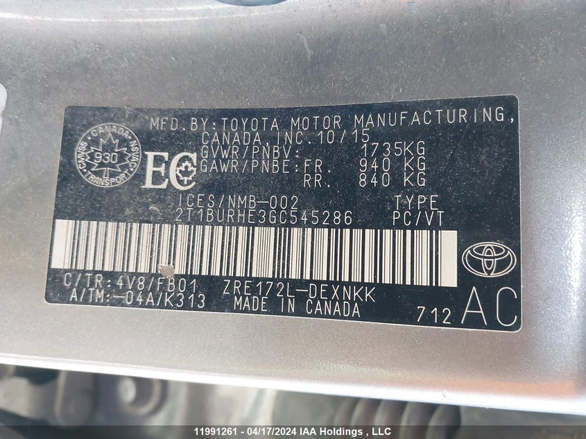 2016 Toyota Corolla L/Le/Le Pls/Prm/S/S Pls VIN: 2T1BURHE3GC545286 Lot: 11991261